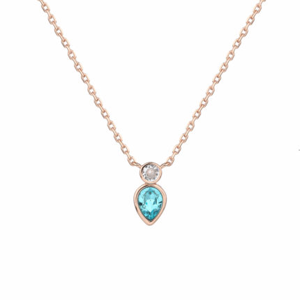 שרשרת רוז גולד עדינה עם תליון כפול: אבן עגולה שקופה ואבן טיפה כחולה-טורקיז